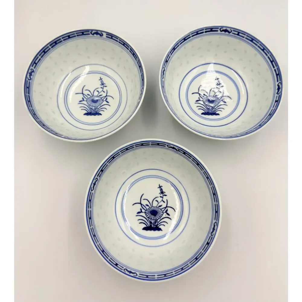 Tienshan Chinese Rice Grain Coupe Soup Bowls Blue & White Chrysanthemum 3pc Set